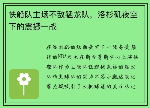 快船队主场不敌猛龙队，洛杉矶夜空下的震撼一战